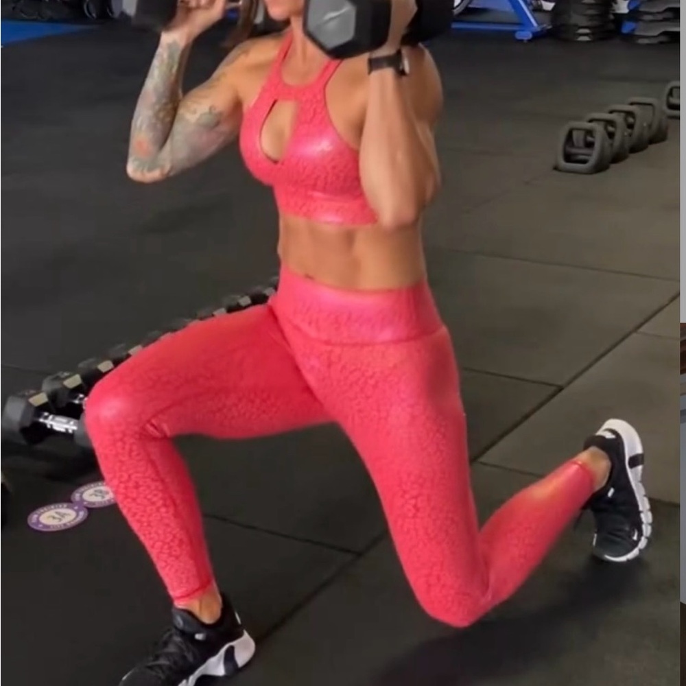 Till You Collapse size small shimmer Pink Leopard Print Sports Bra & Legging Set